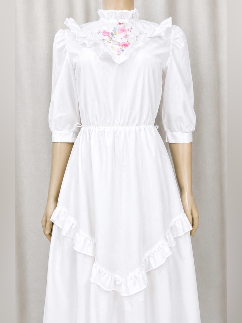Vintage White Cotton Prairie Cottagecore Dress Embroidered Ruffle Midi
